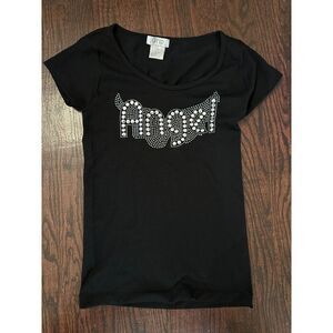 Y2K Angel Rhinestone Black T Shirt Size Small